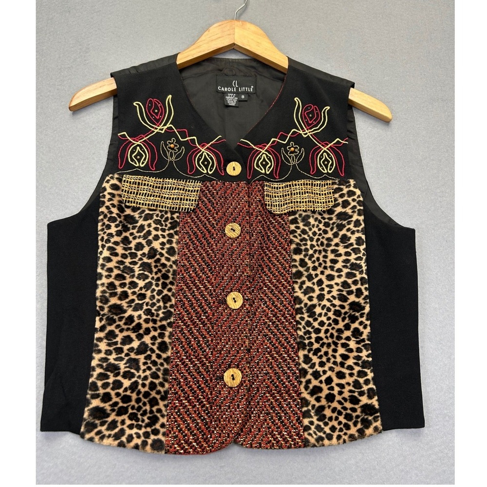 Carole Little Vintage 90s Mixed Media Vest Leopard Floral Herringbone Size 8